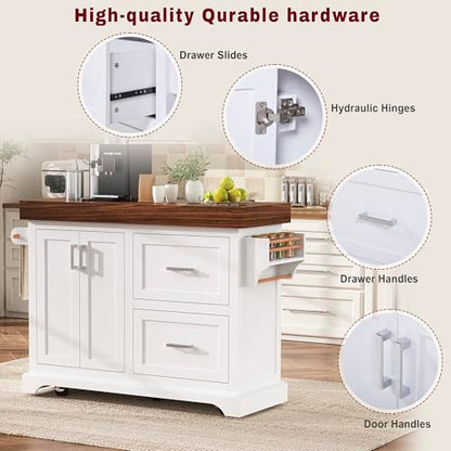53" Large Kitchen Island with Ultra-Thick 3.5" Countertop, Heavy-Duty Rolling Storage Cart on 5 Wheels, 2 Extra-Large Drawers, Adjustable Cabinet Shelf, for Kitchen, White - color: White
