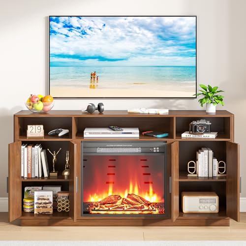 59 Inch Fireplace TV Stand with 23'' Electric Fireplace, Mid Century Modern Fluted Entertainment Center for TVs up to 65", TV Console with Storage for Living Room, Bedroom (Walnut,With Fireplace) - size: With Fireplace
