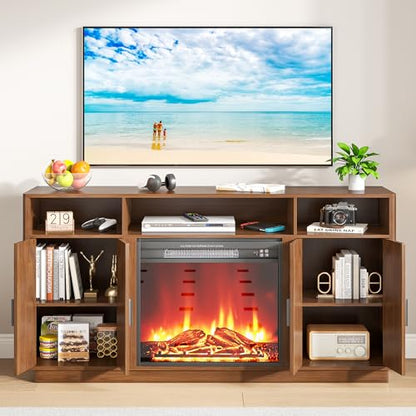 59 Inch Fireplace TV Stand with 23'' Electric Fireplace, Mid Century Modern Fluted Entertainment Center for TVs up to 65", TV Console with Storage for Living Room, Bedroom (Walnut,With Fireplace) - size: With Fireplace