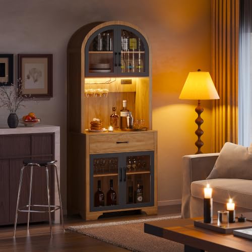 Tall Arched Pantry Cabinet, Kitchen Pantry Cabinet with Drawer and Charging Station, Tall Coffee Bar Cabinet with Storage, Dining Room Kitchen Hutch Storage Cabinet - color: Natural