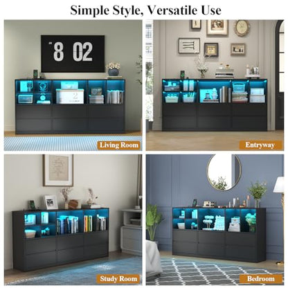 Modern TV Media Console with 6 Drawers & 7 Storage Cubbies, LED Lights & Power Outlet, 63" TV Cabinet with Adjustable Open Storage Shelf, for Living Room (Black) - color: Black