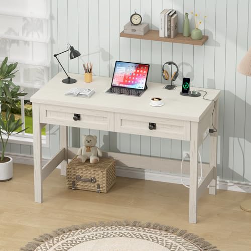 YOMILUVE Farmhouse Computer Desk with 2 Drawers, 39 Inch Small Office Computer Desk with Power Outlets, Compact Writing Study Vanity Desk for Small Spaces, White - color: White