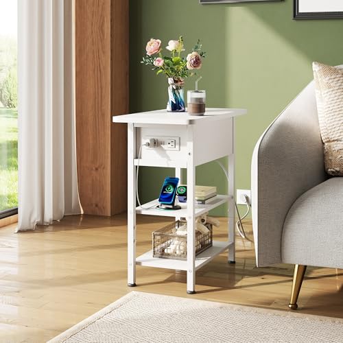 WLIVE 3-Tier End Table with Charging Station, Flip Top Side Table with Storage Shelf, Sofa Couch Table with USB Ports and Outlets, Narrow Bedside Table for Living Room, Bedroom - color: White