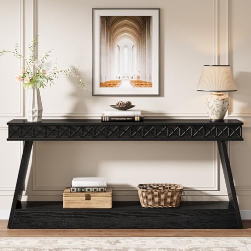 Tribesigns 70.9 Inch Long Console Table for Entryway, 2-Tier Farmhouse Entryway Table with Storage, Narrow Sofa Table Behind The Couch, Wood Accent Table for Hallway, Living Room, Foyer, Black - color: Black