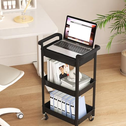 MIOCASA 3-Tier Utility Rolling Cart with Cover Top Board, Kitchen Storage Organization Cart with Wheels for Office, Classroom, Living Room, Kitchen, Bathroom, Black, Plastic - size: 3-Tier, style: Black