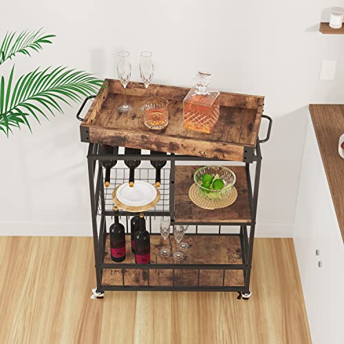 Bar Cart with Basket 3 Tiers Home Rolling Wine Rack with Wheels Mobile Kitchen Industrial Vintage Style Wood Metal Serving Trolley Serving Cart,Glass Holder Bar Cabinet - size: Rustic Brown, style: With Basket