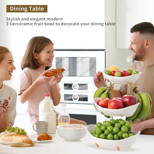 Elegant 3-Tier Ceramic Serving Bowl Set with Gold Stand, White Decorative Display Bowls for Fruits, Desserts, Appetizers