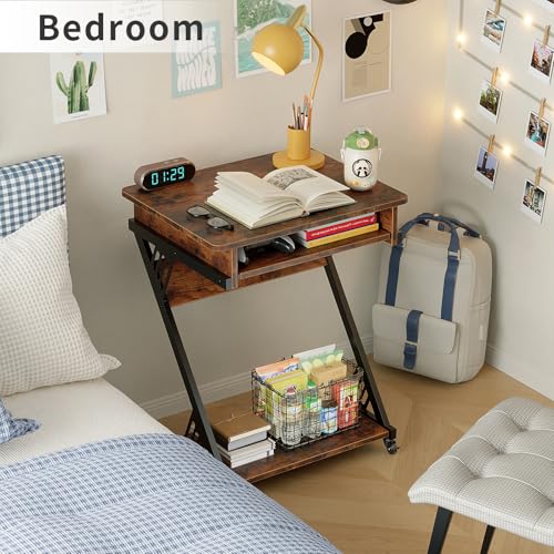 ALISENED Computer Desk for Small Spaces, 23.6" Z-Shaped Compact Study Table with Smooth Keyboard Tray with Wheels and Bottom Shelves for Home Office, Computer Cart Mobile Laptop Cart, Rustic Brown - color: Brown