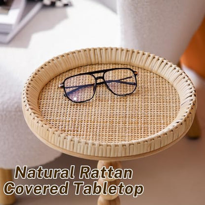 Small Side Table, Rattan Drink Table, Round Side Table for Small Spaces, Boho Circle End Table Coffee Table with Solid Wood Leg for Living Room, Pedestal Table for Bedroom, Corners - size: High: 25", style: Bohemian