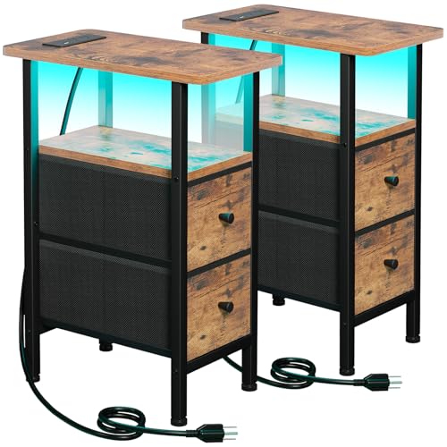 LOAKEKEL Narrow Nightstand with Charging Station, End Tables Living Room Set of 2, Skinny Side Table with Fabric Drawers, Small Sofa Table with LED Light for Bedroom, Brown, HETNDP02LBR - color: Rustic Brown + Black, style: Power + Light