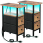 LOAKEKEL Narrow Nightstand with Charging Station, End Tables Living Room | Set of 2, Skinny Side Table with 2 Fabric Drawers, Small Sofa Table with LED Light for Bedroom, Brown - color: Rustic Brown + Black, style: Power + Light