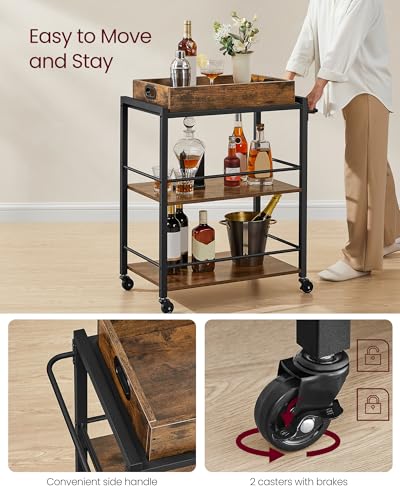 VASAGLE Kitchen Serving Cart with Removable Tray, 3-Tier Kitchen Utility Cart on Wheels with Storage, with Brakes, Leveling Feet, 15.7 x 28.3 x 33.9 Inches, Rustic Brown and Black ULRC72X - color: Rustic Brown + Black, size: 15.7"D x 28.3"W x 33.9"H