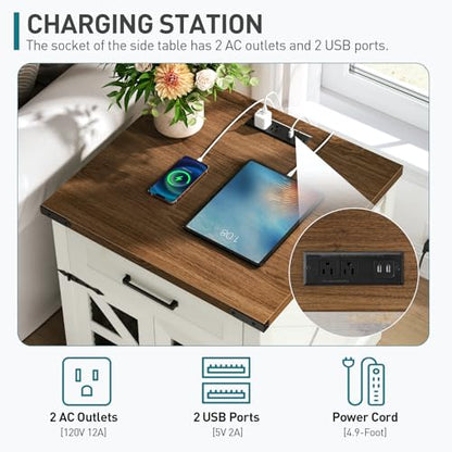RALGEND White Farmhouse End Table with Charging Station, 24" Large Sofa Side Table with Drawer, Large End Table for Living Room, Wooden Nightstand with Outlet, Square, White and Walnut - color: White and Walnut
