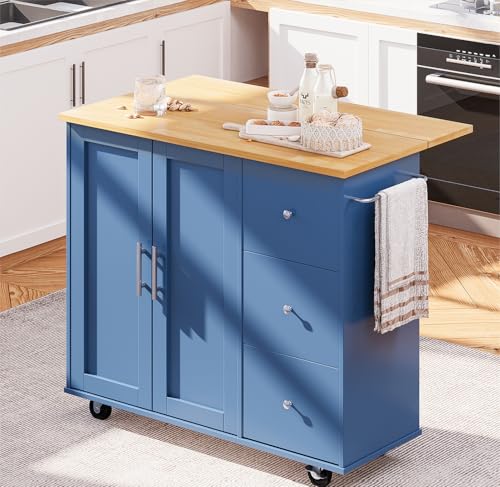 SUNLEI Kitchen Island on Wheels with Storage Cabinet & Foldable Drop Leaf, Rolling Kitchen Table, Cart Handle for Towel Rack, Drop Leaf, Portable Islands for Kitchen (Classic Blue, 39.7-INCH) - size: 39.7 INCH, style: Blue