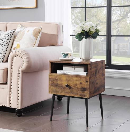 VECELO Modern Nightstands Set of 2,Square End Side Table with Drawer and Storage Space for Bedroom and Living Room - color: Antique Brown(set of 2)
