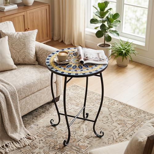 Giantex Outdoor Side Table, Bright Sunflower Mosaic Patio Accent Table, 14" Coffee End Table, Indoor Outdoor Metal Plant Stand for Porch Garden Balcony Desk, Metal Cobalt Glass Top - style: Bright Sunflower
