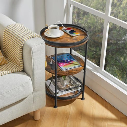 Dulcii Round Side Table with Charging Station, End Table with 3 Shelves for Living Room, Bedroom Nightstand for Small Spaces, Industrial Round Sofa Table with Steel Frame (USB+Rustic Brown) - color: Rustic Brown, style: With Outlets