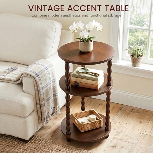 Small Round Side Table, 3-Tier Solid Wood End Table with Storage Shelf, Modern Bedside Tables Night Stand for Living Room, Bedroom, College Dorm, Small Space (Rustic Brown) - color: Rustic Brown