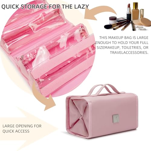 Roll Up Makeup Bag, Travel Toiletry Bag for Women with 4 Clear TSA Approved Pouches, Hanging Travel Organizer, Folding Cosmetic Bag for Men and Women - color: pink