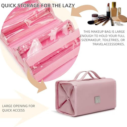 Roll Up Makeup Bag, Travel Toiletry Bag for Women with 4 Clear TSA Approved Pouches, Hanging Travel Organizer, Folding Cosmetic Bag for Men and Women - color: pink