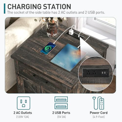 RALGEND Farmhouse End Table with Charging Station, 24" Large Sofa Side Table with Drawer, Large End Table for Living Room, Wooden Nightstand with Outlet, Square, Dark Rustic Oak - color: Dark Rustic Oak