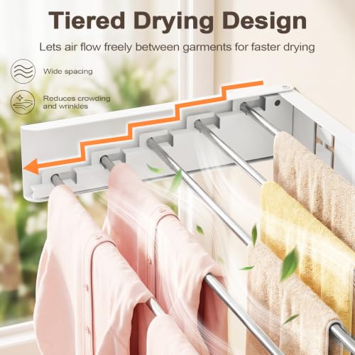 Wall Mounted Clothes Drying Rack Folding Indoor, Foldable Laundry Drying Rack Collapsible,Invisible, Space Saving, Retractable Towel Drying Rack, with Wall Template(5 Drying Rods, White 32") - color: White, size: White-32"