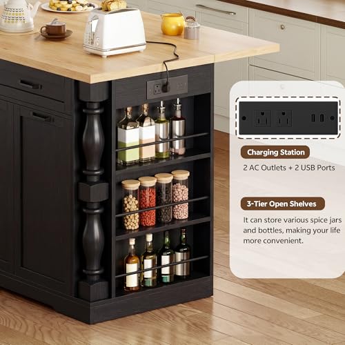 Island for Kitchen, 47.6"x20" Farmhouse Rolling Kitchen Island with Drop Leaf & Spice Rack, Coffee Cart Breakfast Bar Table Storage & Trash Bin Islands Table with Power Outlet for Dining Room - color: Black