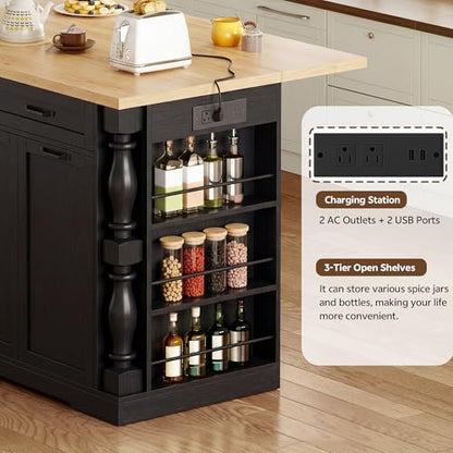 Island for Kitchen, 47.6"x20" Farmhouse Rolling Kitchen Island with Drop Leaf & Spice Rack, Coffee Cart Breakfast Bar Table Storage & Trash Bin Islands Table with Power Outlet for Dining Room - color: Black