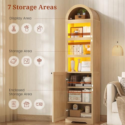 72" Tall Arched Narrow Bathroom Storage Cabinet with Lights, Slim Storage Cabinet with Adjustable Shelves for Small Spaces, Farmhouse Style (Oak) - color: Oak