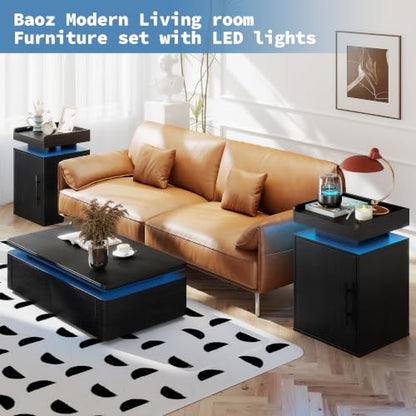 Baoz Black Nightstand Set of 2 with Door, 24" Tall Led Modern Bedside Table | Wood Night Stand with Side Open Shelf & Adjustable Shelf for Bedroom, Smart Lights with RGB Colors