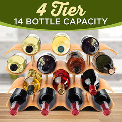 NutriChef Bamboo Wine Rack - 4 Tier Countertop Shelf with Slots that Holds 14 Bottles, Unique Stackable Wooden Holder, Save Space for Cabinet, Kitchen and Pantry, Modern Contemporary Wave Design - size: Desktop