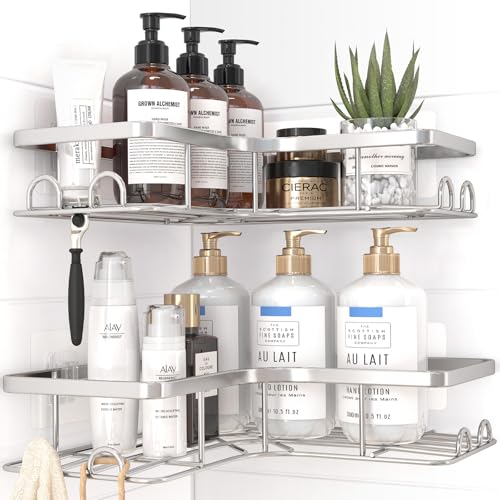 Sakugi Corner Shower Caddy - 2 Pack, Adhesive Shower Organizers, Rustproof Stainless Steel Shower Shelves with 8 Hooks, No Drilling Bathroom Organizers and Storage Racks, Space-Saving, Silver, Large - color: Silver, size: Large