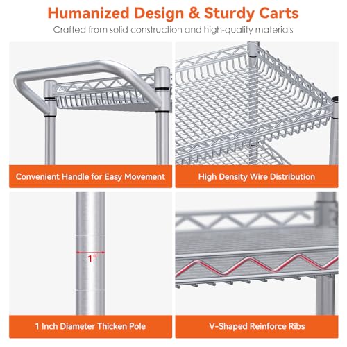 WDT 990Lbs Capacity Heavy Duty Rolling Utility Cart, NSF Rolling Carts with Wheels,Commercial Grade Metal Cart with Handle Bar & Shelf Liner,Trolley Serving Cart for Kitchen,Restaurant,Silver - color: Silver 3 Tier