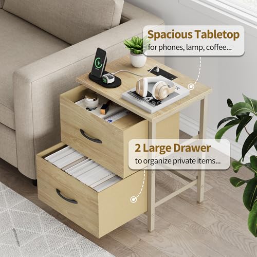 Vagusicc Nightstand with Charging Station, Bedside Table with USB Ports and Outlet, End Table Side Table with 2 Fabric Drawers for Bedroom, Living Room, Natural - color: Natural (1 Pack)
