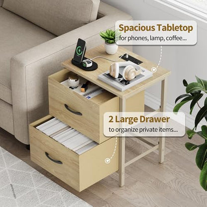 Vagusicc Nightstand with Charging Station, Bedside Table with USB Ports and Outlet, End Table Side Table with 2 Fabric Drawers for Bedroom, Living Room, Natural - color: Natural (1 Pack)