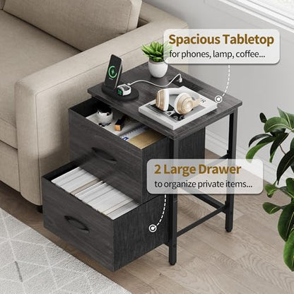 Vagusicc Nightstand with Charging Station, Bedside Table with USB Ports and Outlet, End Table Side Table with 2 Fabric Drawers for Bedroom, Living Room, Gray Walnut - color: Gray Walnut (1 Pack)
