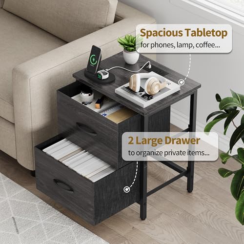 Vagusicc Nightstand Set of 2 with Charging Station, End Table Bedside Table with Power Outlet & USB Ports, Side Table with 2 Fabric Drawers for Bedroom, Living Room, Gray Walnut - color: Gray Walnut (2 Pack)