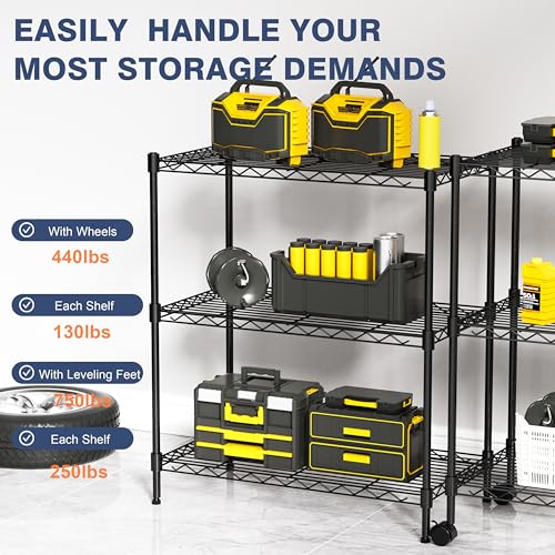 3-Tier Wire Shelf Rack,24" Dx14 Wx 30" H,Wire Metal Shelving with Lockable Wheels,Height Adjustable Storage Standing Shelves for Kitchen,Living Room,Laundry,Office,Pantry,Studio,Black - size: 3-Tier,24"x14"x30"(WxDxH)