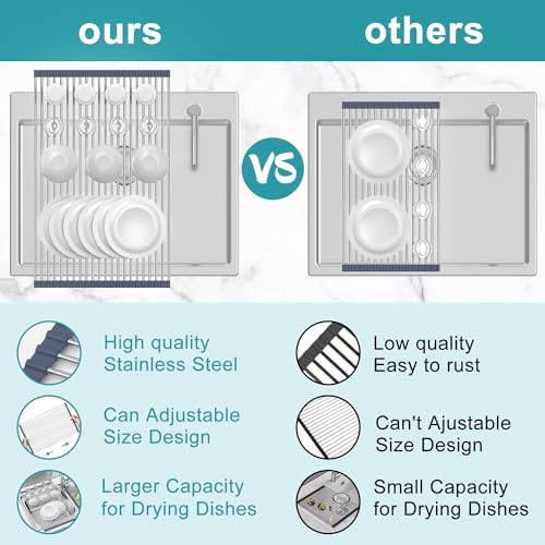BBXTYLY Extra Large Expandable Roll Up Dish Drying Rack,Over The Sink Drying Rack Sink Cover Kitchen Sink Accessories Kitchen Rolling up Stainless Steel Drainer, Foldable,Rollable（Gray，22.8''-12.4''） - color: Gray, style: 16 tubes,expandable