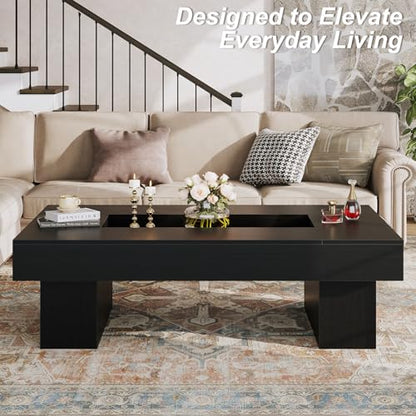 LVB Black Coffee Table, Modern Wood Led Living Room Table with Storage, Unique Large Wide Rectangle Center Table with LED Light, Contemporary low Tea Table for Bedroom Home Office, 47.24 In, Black Oak - color: Black Oak