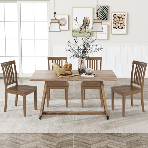 COLAMY Wooden Dining Chairs Set of 4, Solid Rubberwood Kitchen & Dining Room Chairs, Farmhouse Rustic Side Chairs for Dining Table, Anti-Slip Protection, Classic Windsor Style Seating, Oak Light Brown - color: Light Brown, size: Set of 4