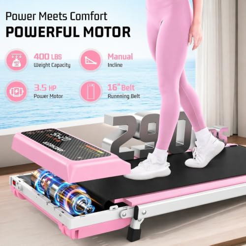 FUNMILY Upgrade Walking Pad Folding Treadmill with 12%/15% Incline & Handle Bar, 3.5HP Foldable Under Desk Compact Treadmills for Home/Office/Gym, 400+lb Capacity, Shock Absorption - color: Pastel Pink