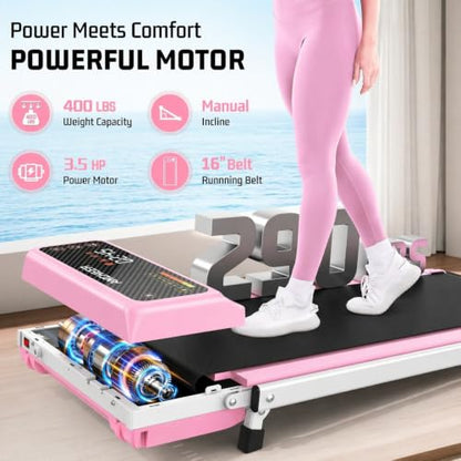 FUNMILY Upgrade Walking Pad Folding Treadmill with 12%/15% Incline & Handle Bar, 3.5HP Foldable Under Desk Compact Treadmills for Home/Office/Gym, 400+lb Capacity, Shock Absorption - color: Pastel Pink