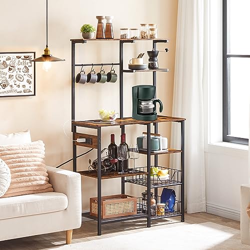 HOOBRO Large Bakers Rack with Power Outlets, 6-Tier Microwave Stand with 4 Hooks, Coffee Bar, Kitchen Shelf with Wire Basket, for Kitchen, Living Room, Office, Rustic Brown and Black BF64UHB01 - color: Rustic Brown + Black