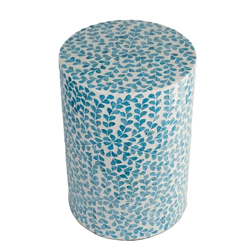 PEMAR Mother of Pearl Inlaid Cylinder Drum End Table Nacre Capiz Shell Side Table Stool Drum Accent Table Coffee Bedside Side Table Round Nightstand and Vanity Stool (Teal Floral) - color: Teal Floral
