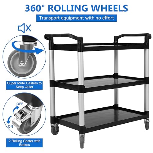 Utility Service Cart 3 Shelf with Wheel, Plastic Heavy Duty 3-Tier Rolling Utility/Push Food Service Cart for Office, Warehouse, Garage, Restaurant, Cleaning, 360lbs Capacity, Black
