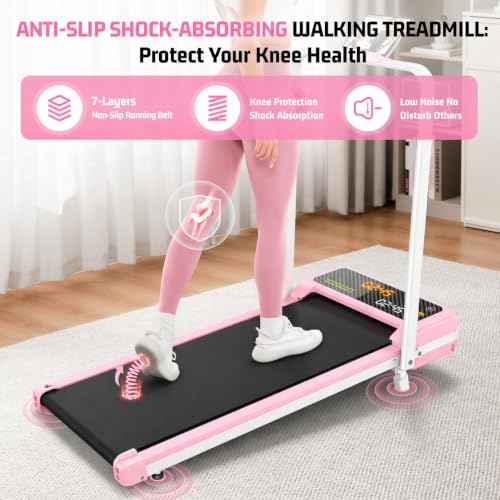 FUNMILY Upgrade Walking Pad Folding Treadmill with 12%/15% Incline & Handle Bar, 3.5HP Foldable Under Desk Compact Treadmills for Home/Office/Gym, 400+lb Capacity, Shock Absorption - color: Pastel Pink