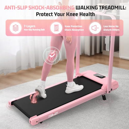 FUNMILY Upgrade Walking Pad Folding Treadmill with 12%/15% Incline & Handle Bar, 3.5HP Foldable Under Desk Compact Treadmills for Home/Office/Gym, 400+lb Capacity, Shock Absorption - color: Light Pink