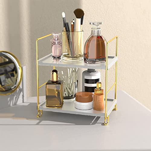 2-Tier Makeup Perfume Counter Organizer, Bathroom Countertop Shelf Vanity Bedroom Storage Tray,Kitchen Spice Rack Standing Shelf(Gold,White) - size: Square