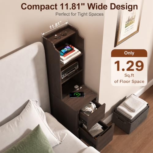 Tall Narrow Nightstand with Bookshelf, 47" Side Table with Charging Station | Tall Free Standing Wooden Night stand with 2 Drawers and 4 Open-Shelves, Modern End Bedside Table for Bedroom, Brown - color: Brown, size: Tall (2 drawer)
